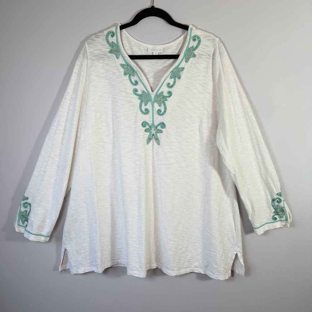 Charter Club White Cotton Embroidered Tunic Top Aqua Beaded Boho Plus Size 3XL
